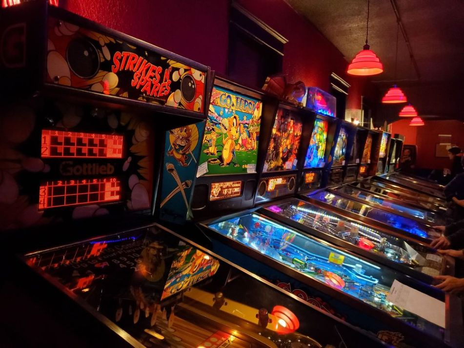 Image of a line of Pinball machines located at the Silver Ballroom in St. Louis Missouri.