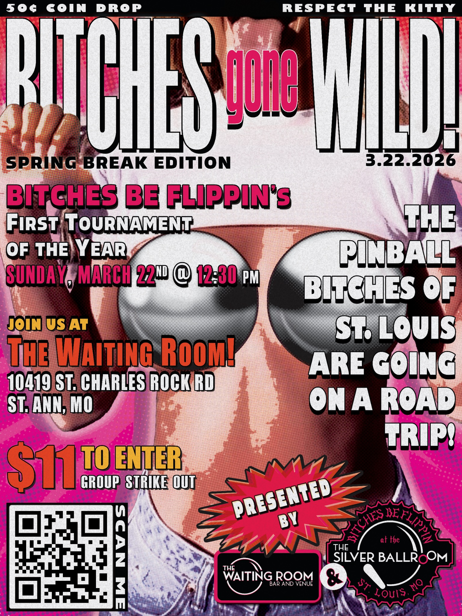 Flyer for Bitches gone Wild Pinball tournament occurring in St. Louis at The Waiting Room Bar.